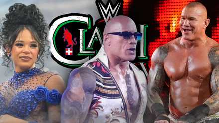The Rock, Bianca Belair, Randy Orton with the Clash In Italy logo