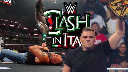Gunther and Oba Femi next to the Clash In Italy poster