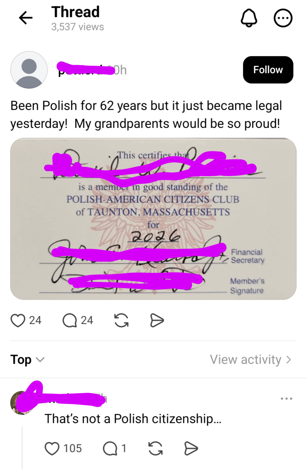 "Been Polish for 62 years but it just became legal yesterday! "