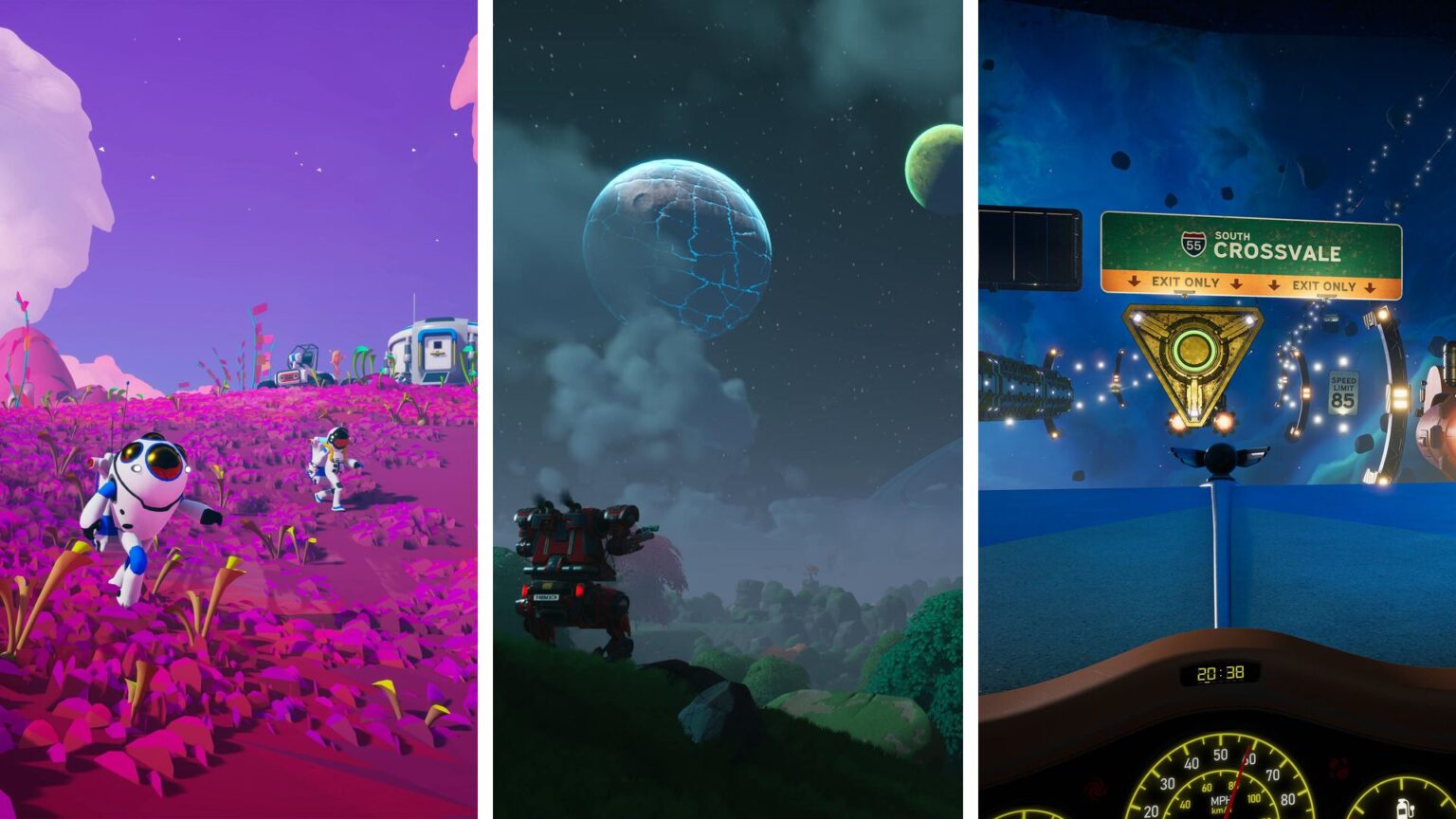 The 11 best cozy sci-fi games for those chill cosmic vibes Split image showing three cozy space games: Astroneer, Lightyear Frontier, and Star Trucker