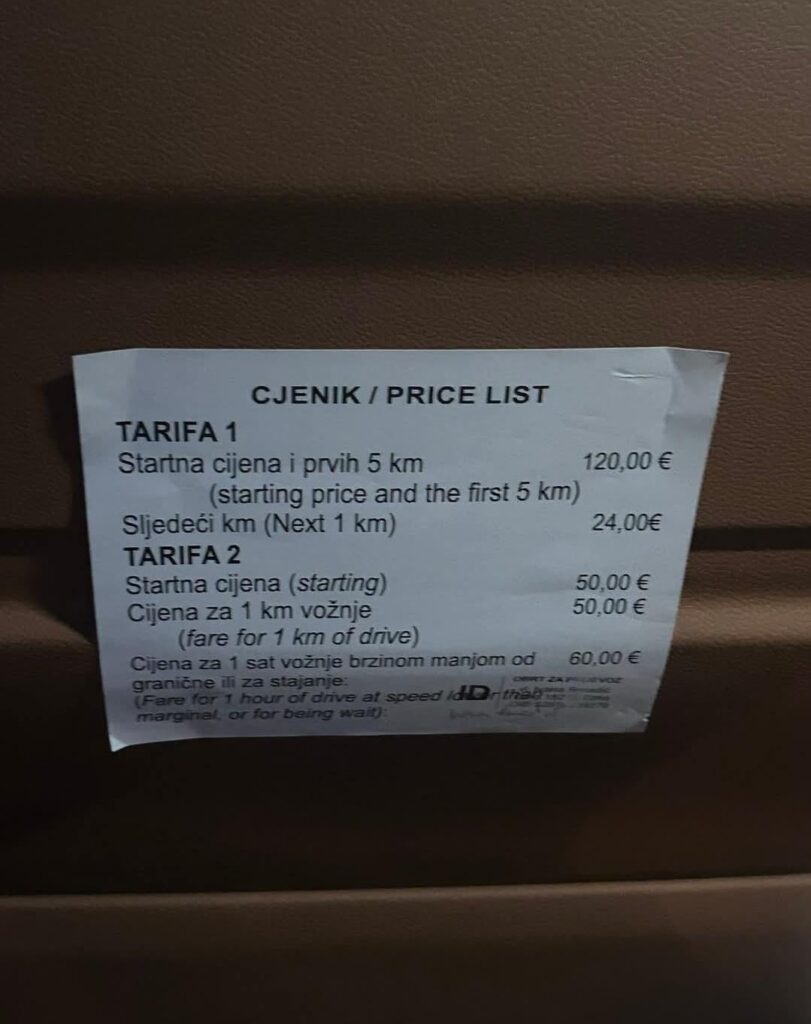 Taxi price list in Zadar