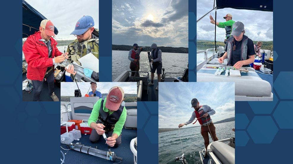 The team of researchers from Cornell, SUNY ESF and the New York State Department of Environmental Conservation used specialized equipment to gather deep water samples from Seneca Lake. (PHOTO BY ERIN HASSET)
