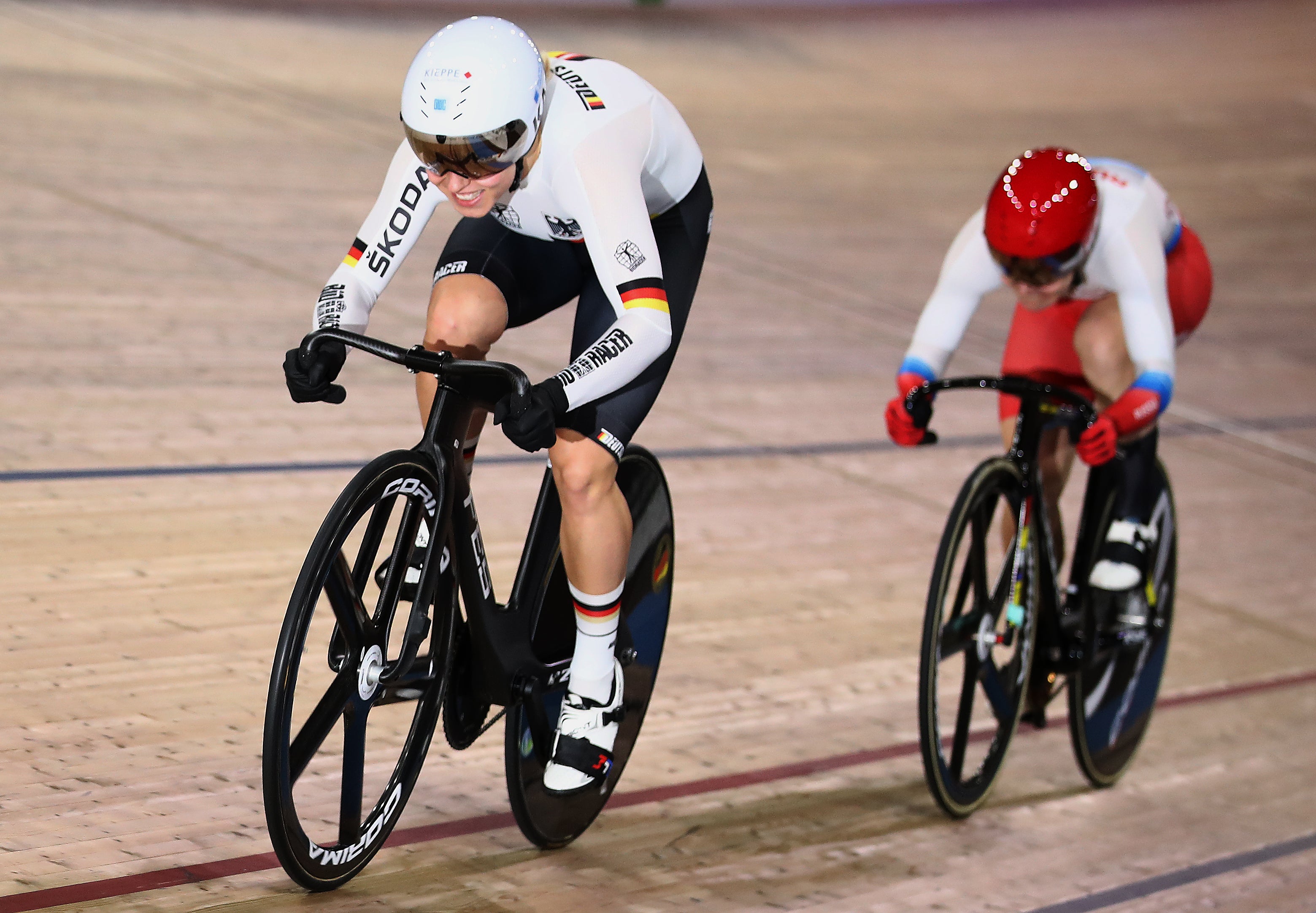Emma Hinze of Germany competes against Anastasiia Voinova of Russia during the Women's Sprint Final during day 3 of the UCI Track Cycling World Championships Berlin at Velodrom on 28 February 2020 in Berlin, Germany