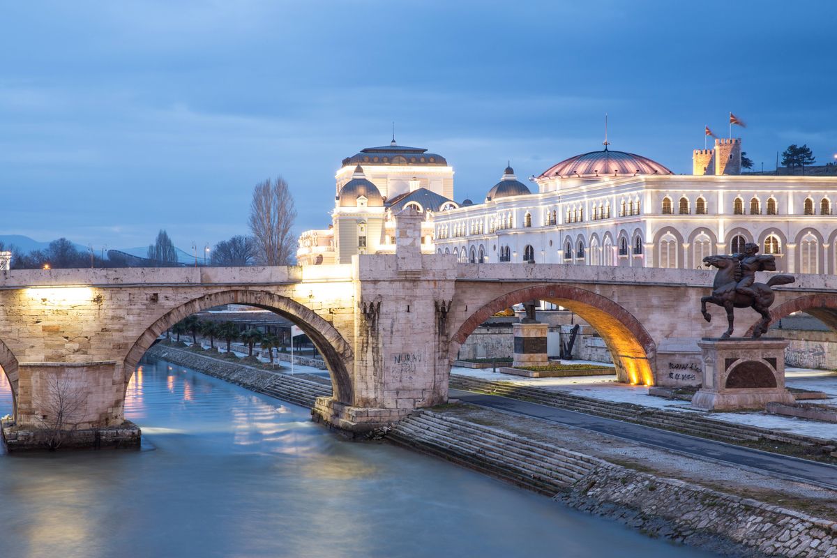 Old town bridge at dusk, Skopje, Macedonia