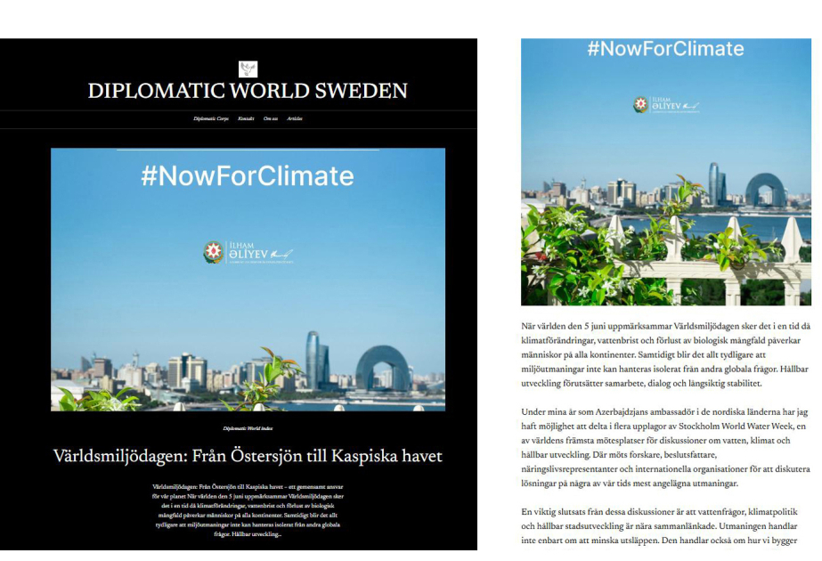 Diplomatic World Sweden publishes article by Azerbaijani ambassador on environmental cooperation between Northern Europe and the South Caucasus