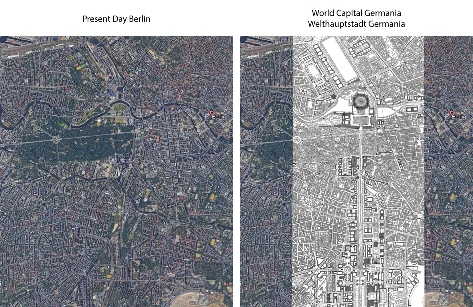Comparison of present day Berlin and planned transformation of Berlin into World Capital Germania during the Third Reich.
