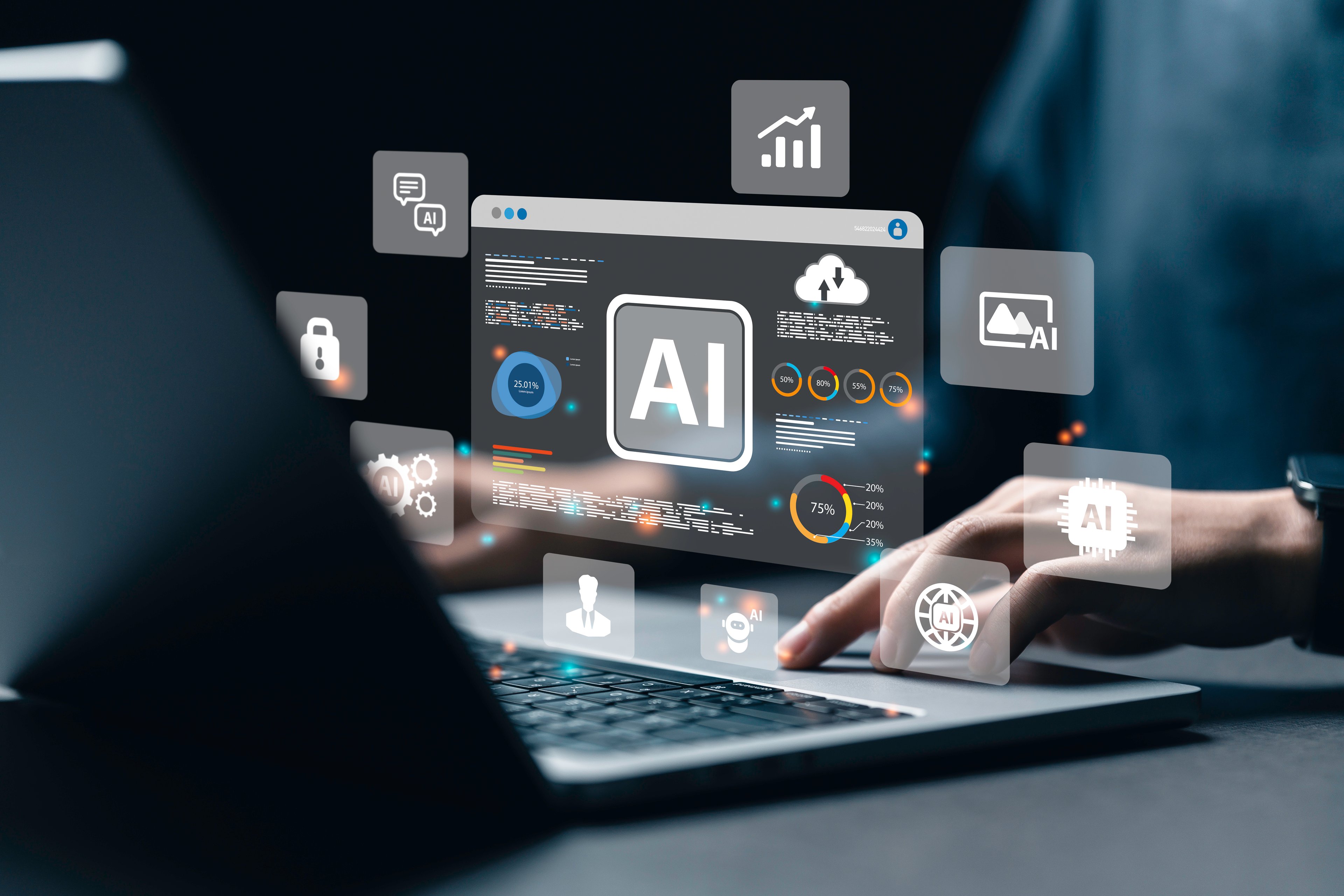 AI icons surround an open laptop.
