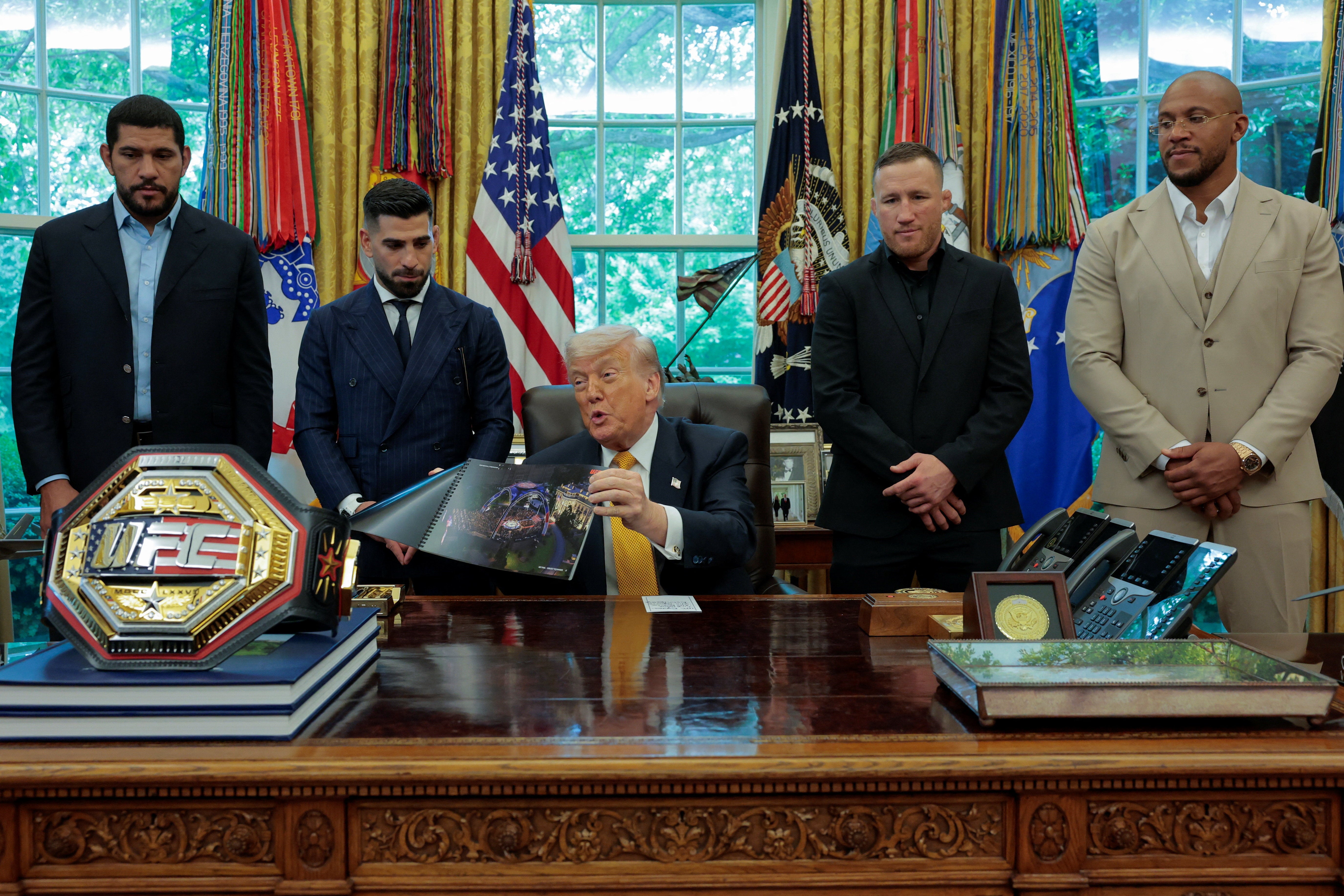 Left to right: Alex Pereira, Ilia Topuria, Trump, Justin Gaethje and Ciryl Gane