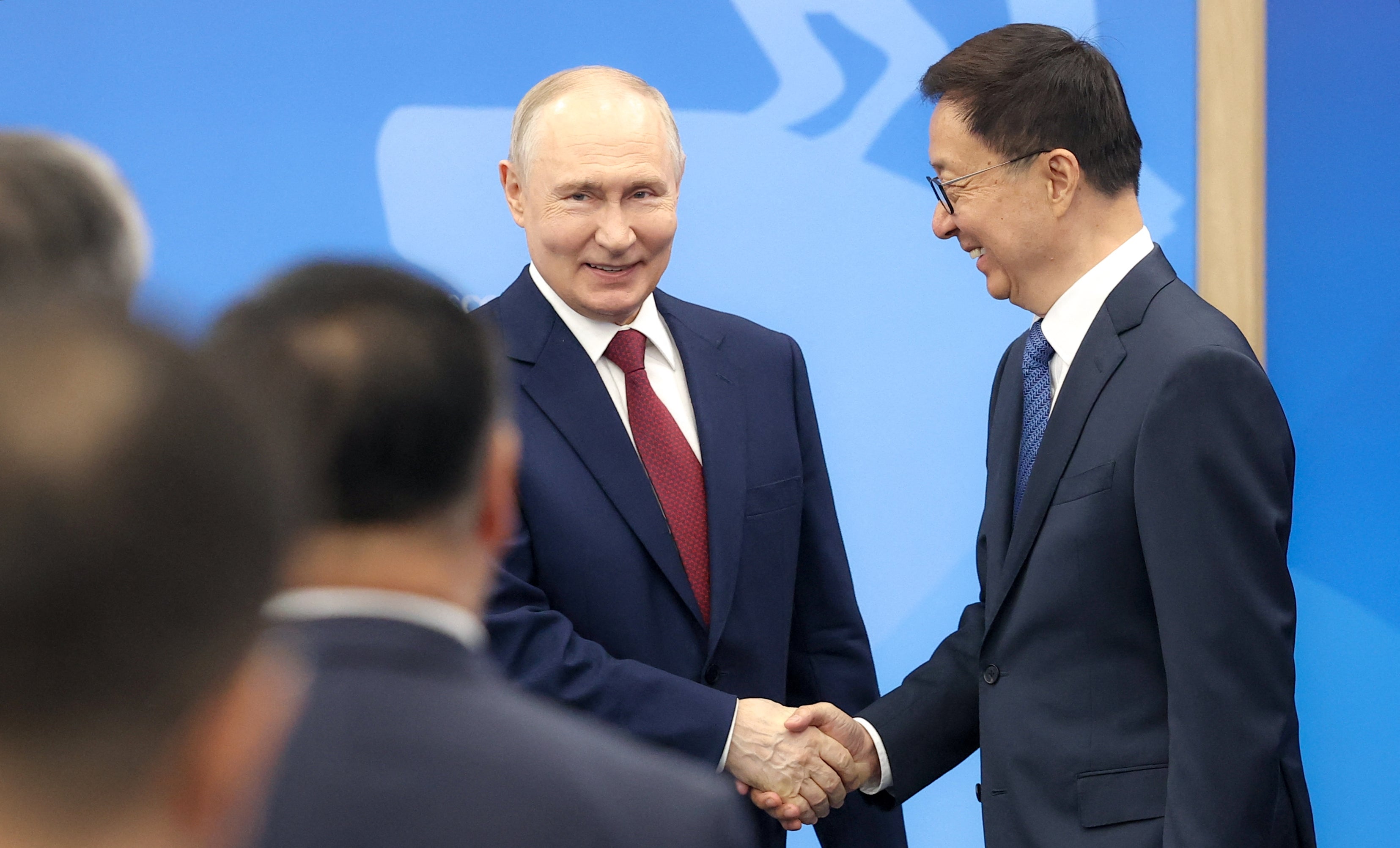 Russia's president Vladimir Putin and Vice President of the People's Republic of China Han Zheng hold a meeting on the sidelines of the St Petersburg International Economic Forum