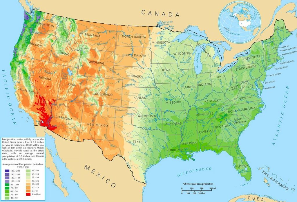 Average annual precipitation across the contiguous United States (1961–1990)