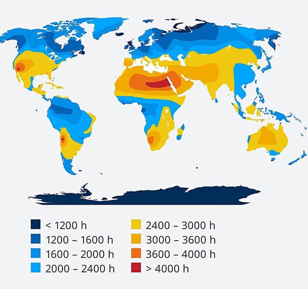 Average annual sunshine hours around the world