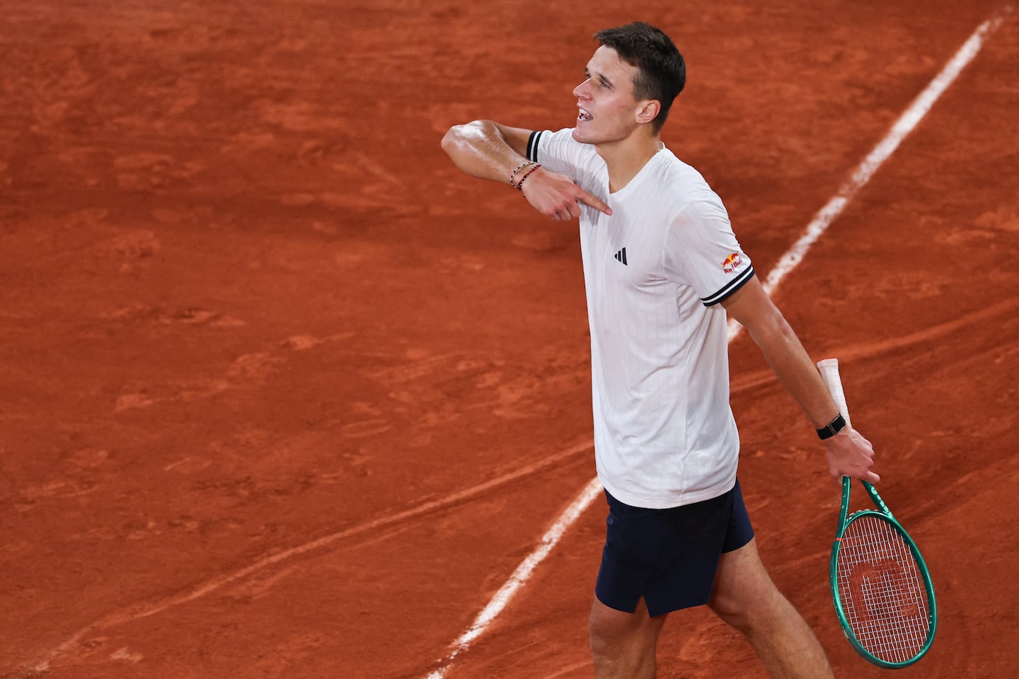 Czech Republic's Jakub Mensik celebrates after winning against Brazil's Joao Fonseca in the quarterfinals of the French Open.