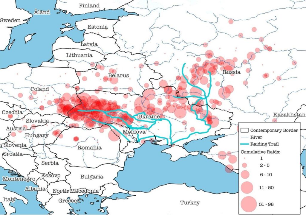 Locations of slave raids in Eastern Europe between 1453 and 1777. (Mostly by the Ottoman-vassal Crimean Khanate)