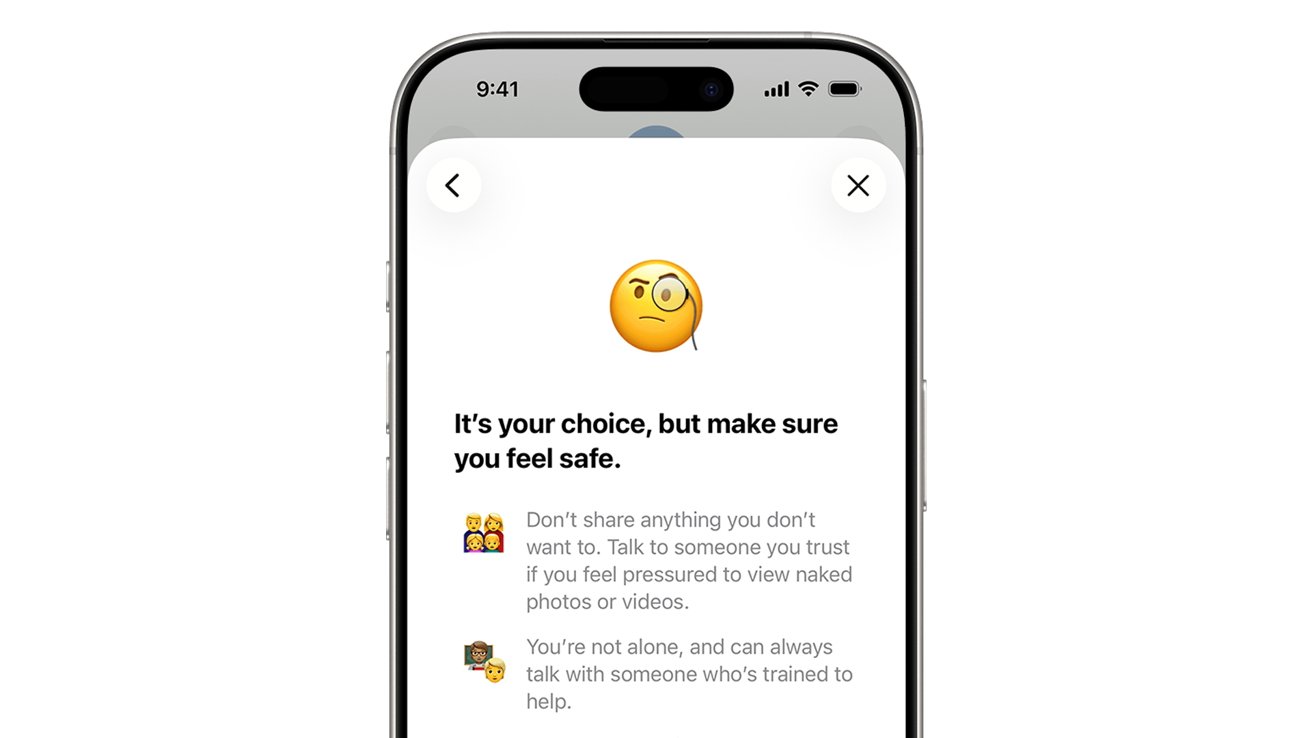 Smartphone screen showing a safety message with a thinking face emoji, advising users not to share unwanted content and to talk to trusted people or trained helpers if pressured