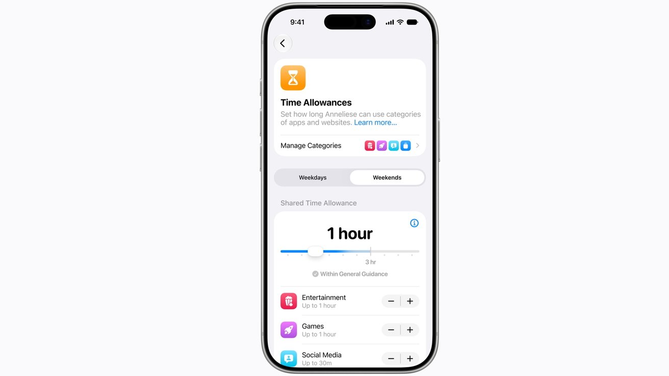 iPhone screen showing Time Allowances settings with a one hour shared time limit and adjustable categories for Entertainment, Games, and Social Media apps