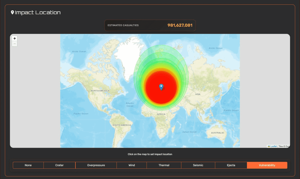 [OC] I built an impact simulator for my university thesis. Here is the estimated casualty blueprint worldwide and per country if the dinosaur-killing Chicxulub asteroid (17.5 km) hit Europe today.