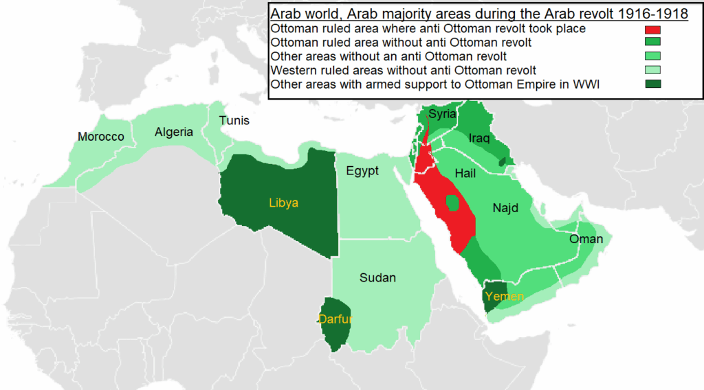 ​A map showing the regions where the famous Arab Revolt against the Ottoman Empire took place (1916-1918)