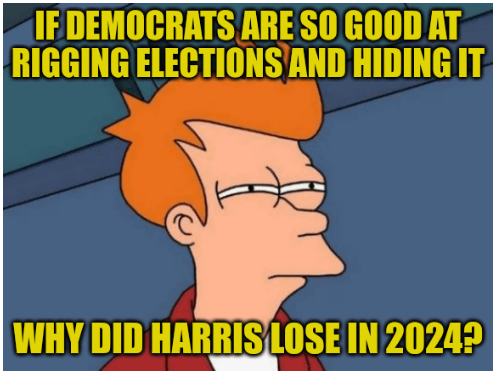 Imagine thinking, "Democrats can flawlessly rig elections at will" but ignore the fact Democrats don't win every election.