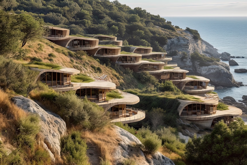 Concept art of rooms jutting out of a hill.