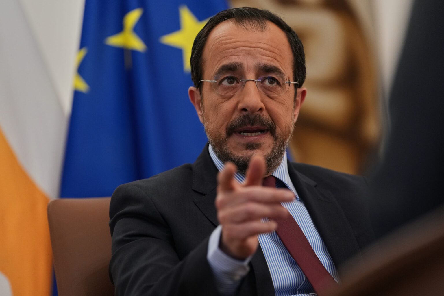 President of Cyprus Departs for Official Visit to Kazakhstan FILE - Cypriot President Nikos Christodoulides gestures as he speaks during an Associated Press interview ahead of this week