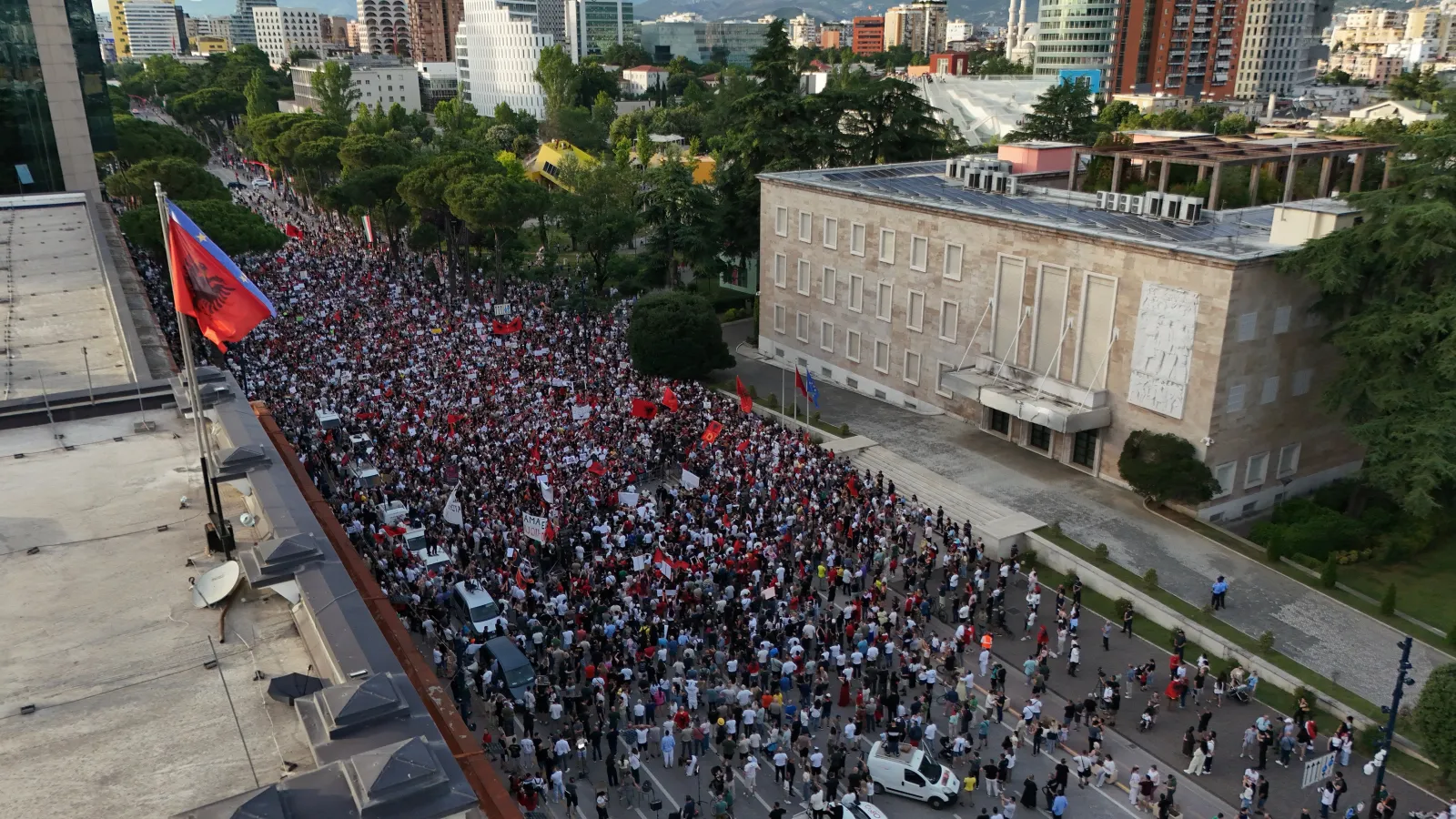 Protesters take part in a rally in Tirana, Saturday, June 6, 2026, against the construction of a massive coastal development project linked to Jared Kushner and Ivanka Trump at Narta lagoon area, western Albania.