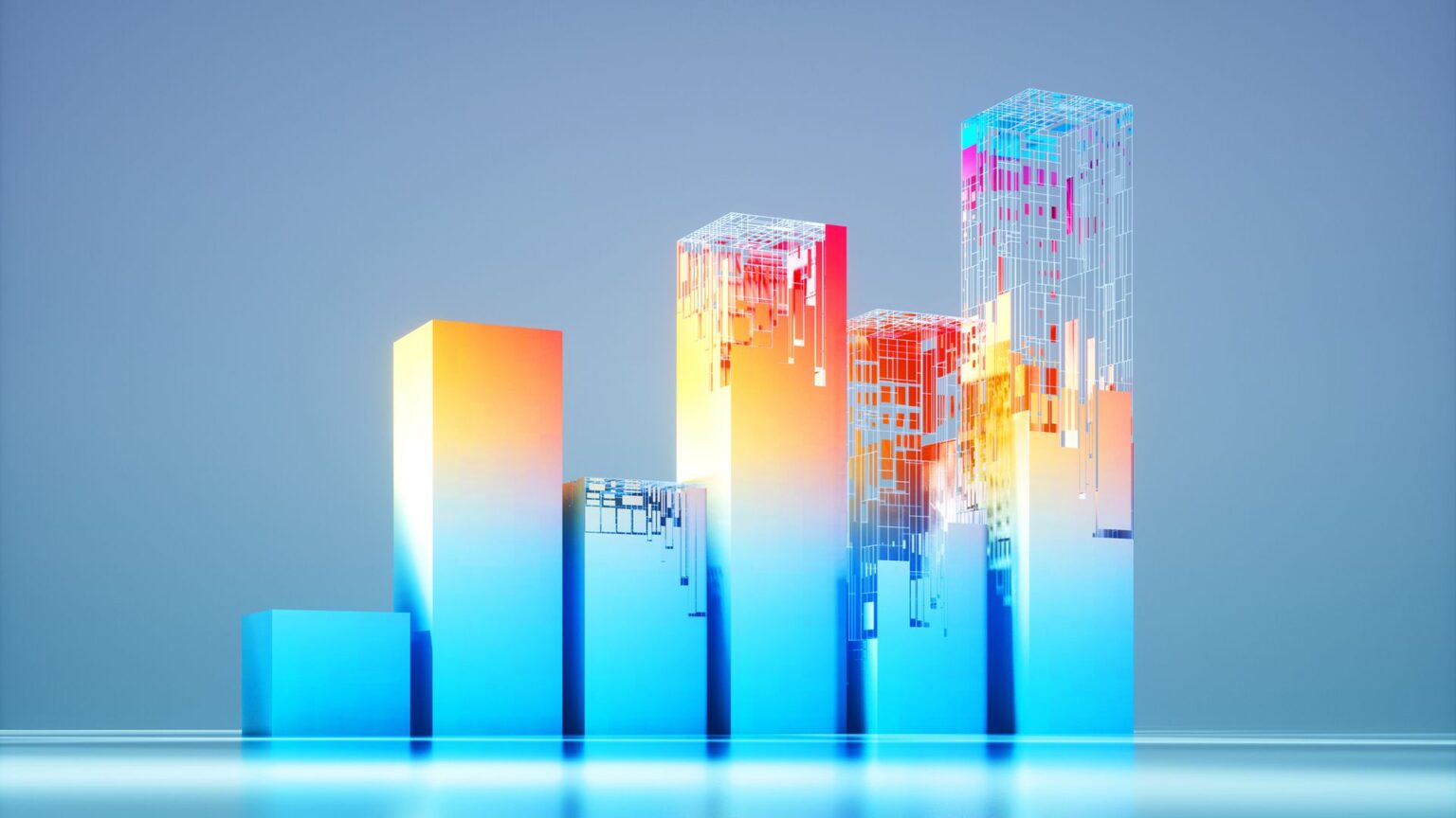 5 key reasons on-premises generative AI outperforms the public cloud (and saves up to 63%) A CGI bar chart, half-constructed from digital lines and shapes, to represent a 'buy vs build' AI strategy. The bars are light blue but glowing orange and red as they are constructed.