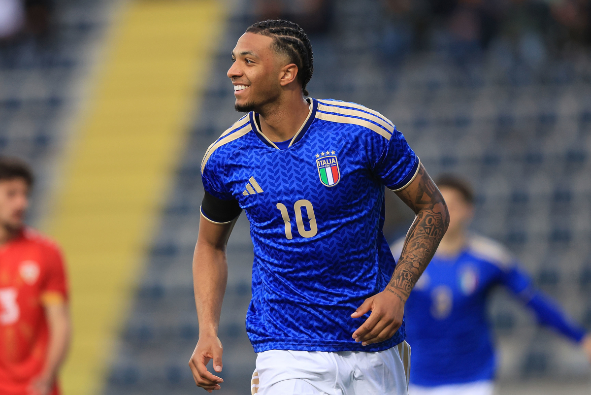 EMPOLI, ITALY - MARCH 26: Cher Ndour of Italy U21 celebrates after scoring a goal during the UEFA Under 21 EURO Qualifier match between Italy U21 and North Macedonia U21 at Stadio Carlo Castellani on March 26, 2026 in Empoli, Italy. (Photo by Gabriele Maltinti/Getty Images)