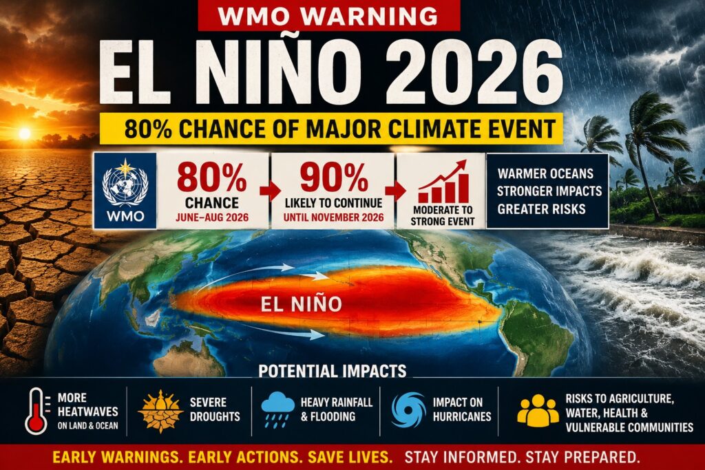 A new World Meteorological Organization (WMO) El Niño/La Niña update indicates an approximately 80% probability of an El Niño event developing during June–August 2026