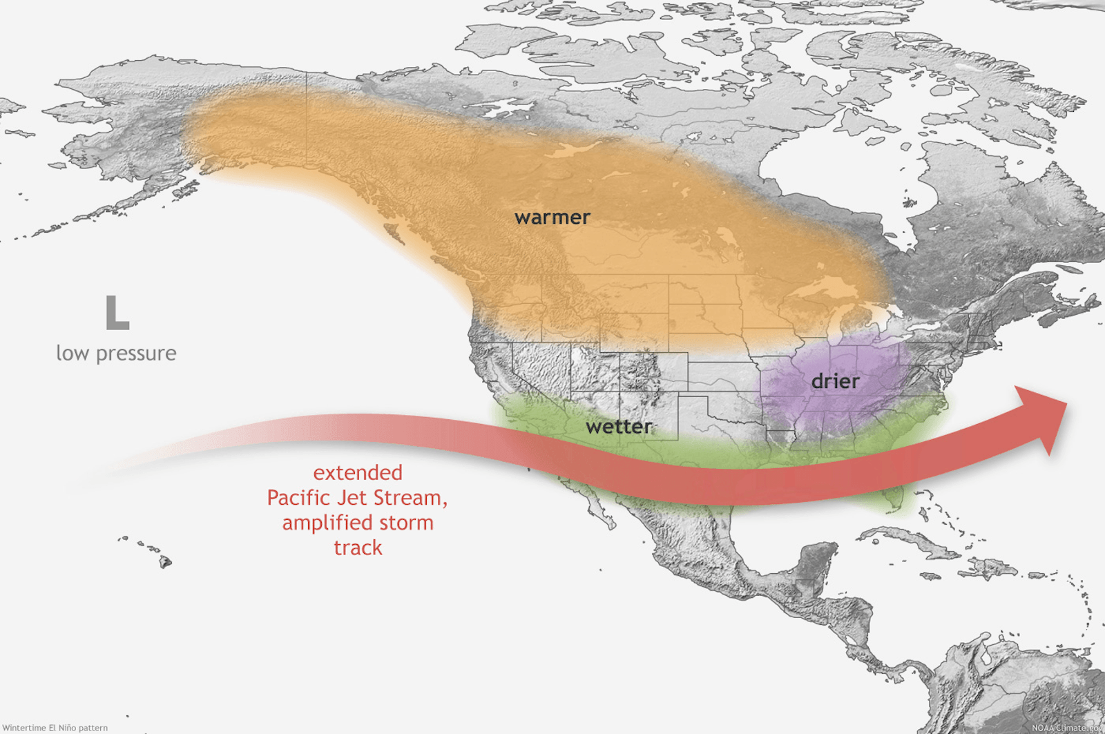 map of the typical impacts of El Niño to the continental U.S. and Canada during Northern Hemisphere winter.