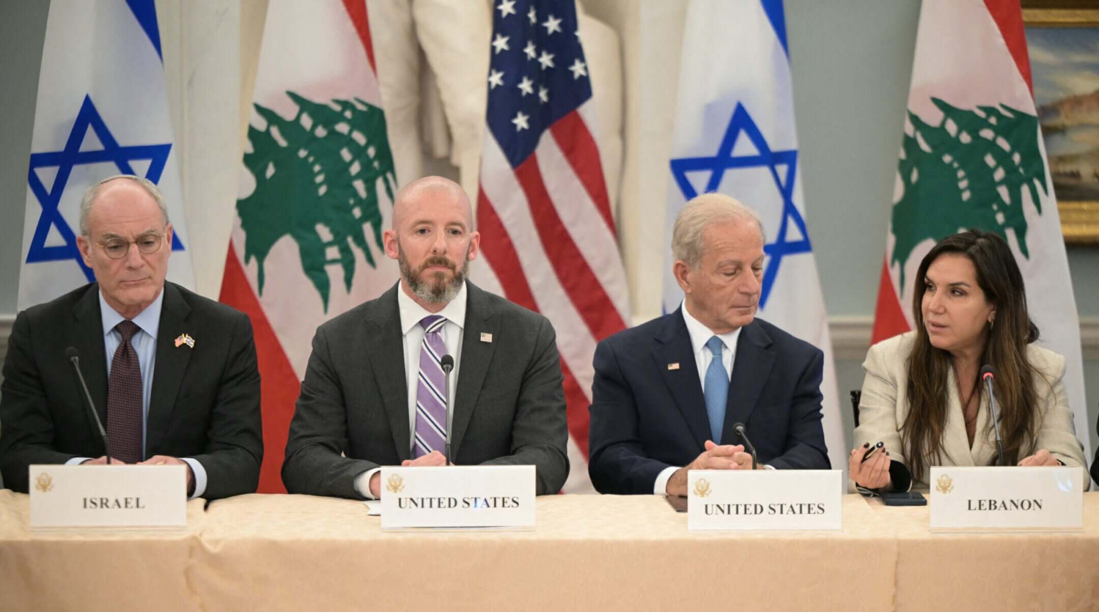 (left to right) Israel's Ambassador to the US Yechiel Leiter, State Department Chief of Staff Daniel Holler, US Ambassador to Lebanon Michel Issa and Lebanese Ambassador to the US Nada Hamadeh attend a meeting between Israeli and Lebanese delegations hosted by the United States at the State Department in Washington, DC, on June 3, 2026.