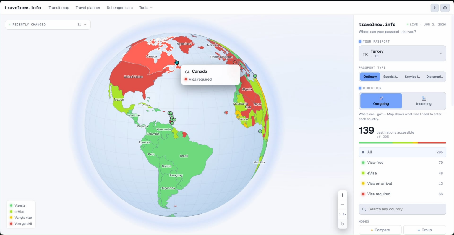 Made an interactive world map that shows visa requirements / policies for any passport and lets you compare & plan trips (daily-updated)