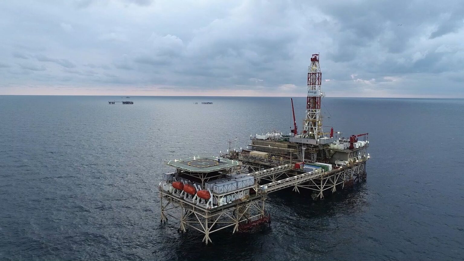An aerial view of an offshore oil and gas facility