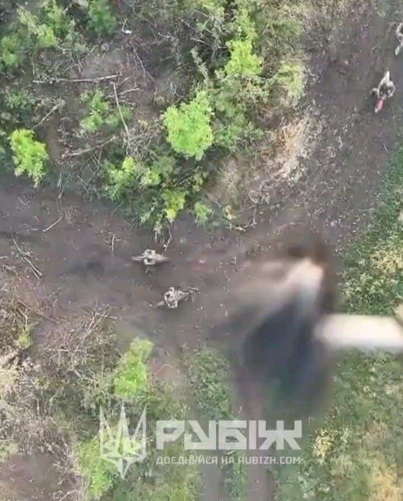 Ukrainian drone-dropped munition triggers fiery explosions after hitting Russian biker. Location & date unknown.