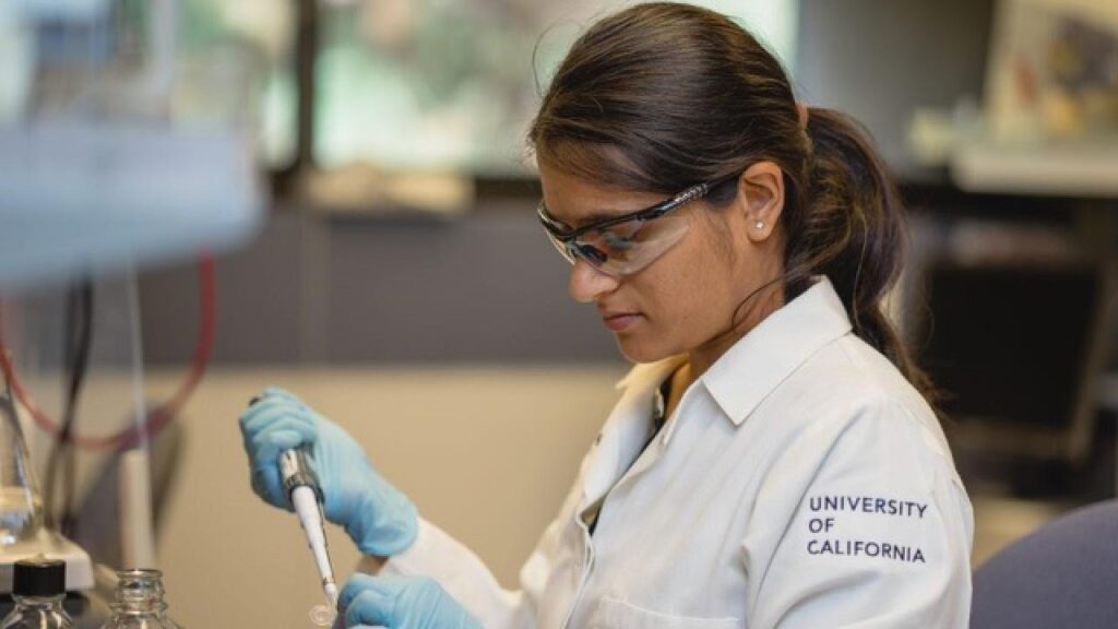 $1.2 Million Keck Foundation Bridge Funding Initiative Makes Awards to Early‑Career Scientists at UC Davis Researcher in a UC‑branded lab coat and safety gear pipetting liquid into a small container at a laboratory