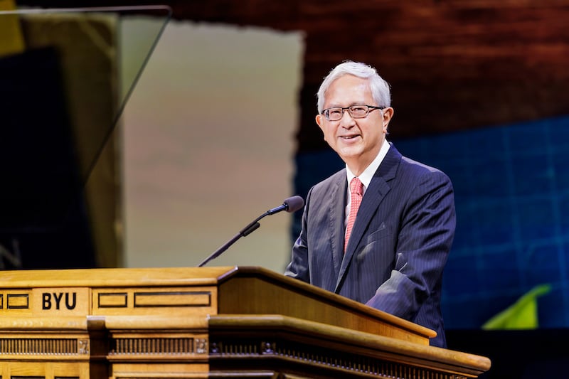 Elder Gerrit W. Gong of the Quorum of the Twelve Apostles speaks during BYU Education Week in the Marriott Center in Provo, Utah, on Tuesday, Aug. 19, 2025.