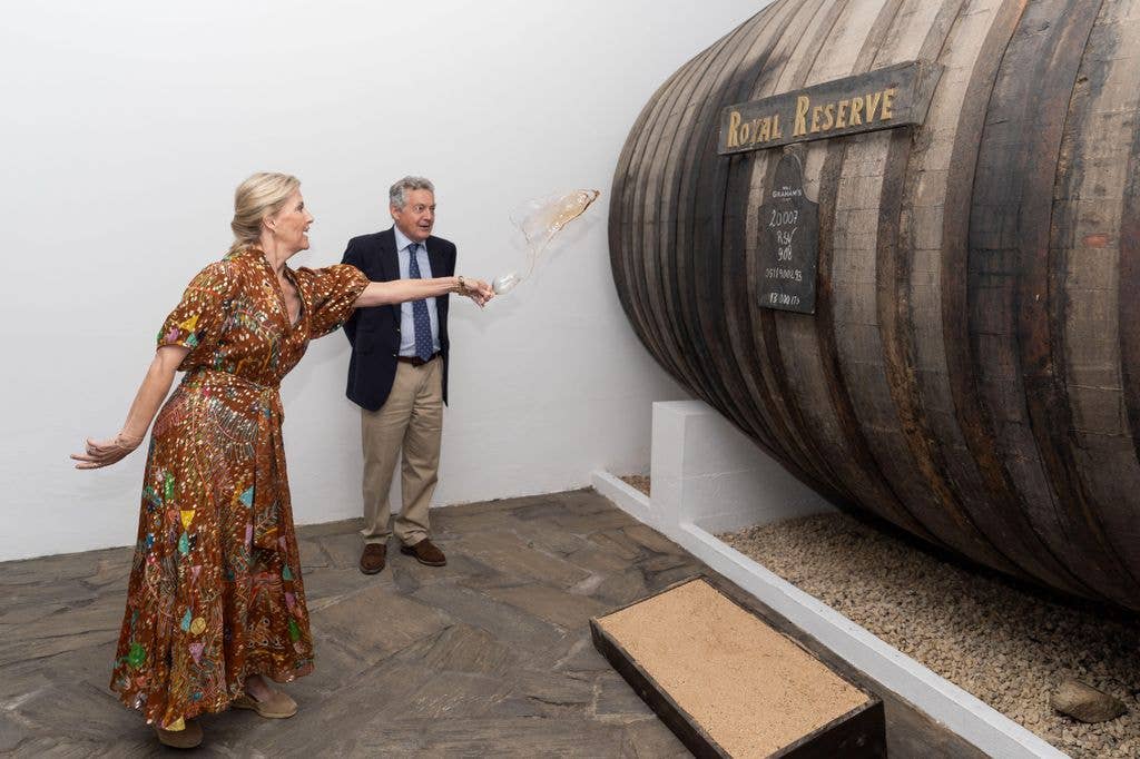 The Duchess of Edinburgh baptising a barrel of Port during a visit to Graham's Port Lodge in Vila Nova de Gaia, as part of their visit to Portugal. Picture date: Wednesday June 3, 2026.