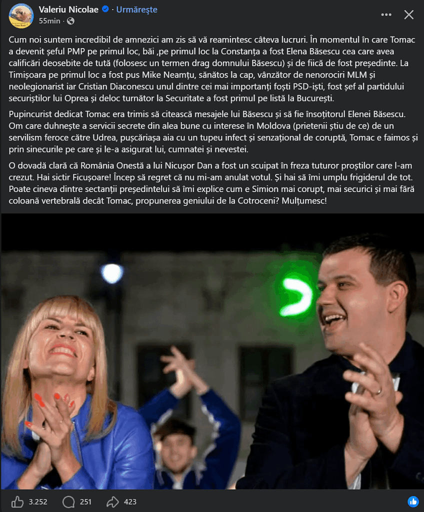 Valeriu Nicolae about Eugen Tomac