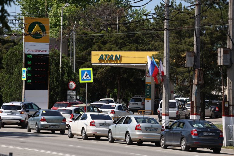 Cars line up at a petrol station in Simferopol, Crimea, Friday, June 12, 2026. (AP Photo)