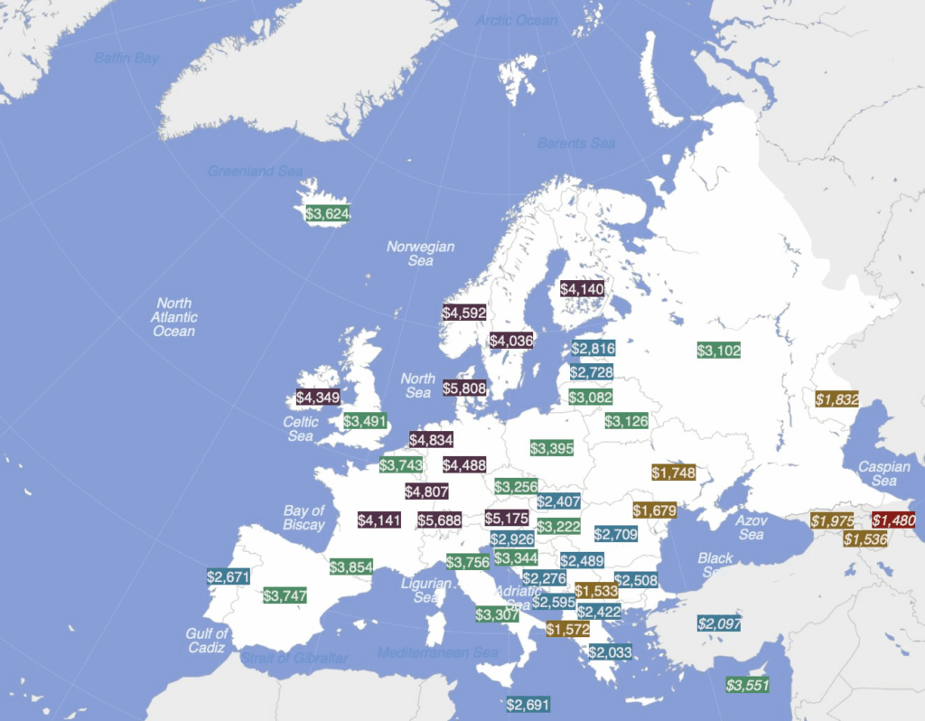 PPP-adjusted average net monthly salary in European countries