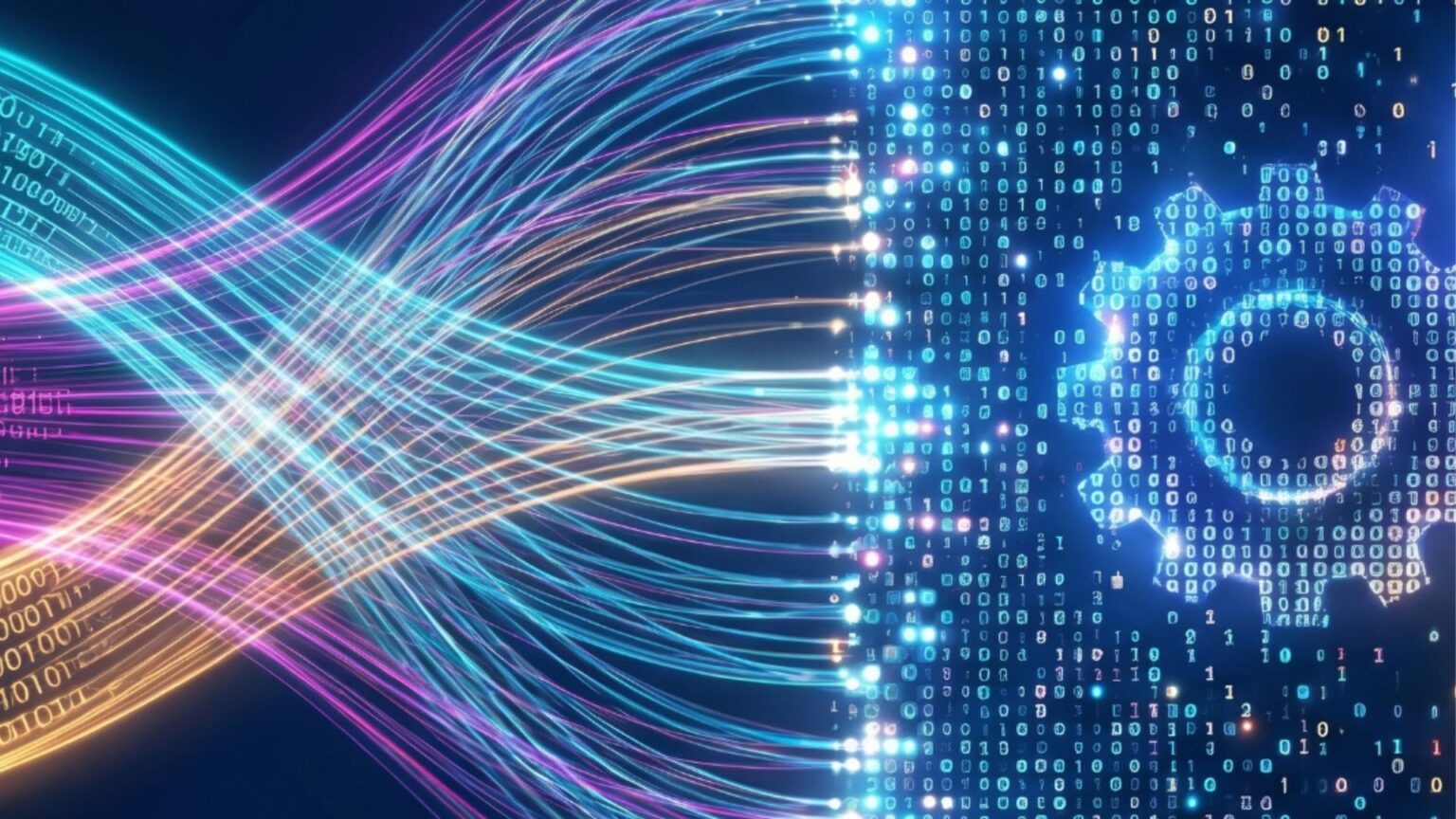 Bringing trusted agentic AI into IP network ops Colorful data streams flowing into a digital gear, representing AI-driven network operations.