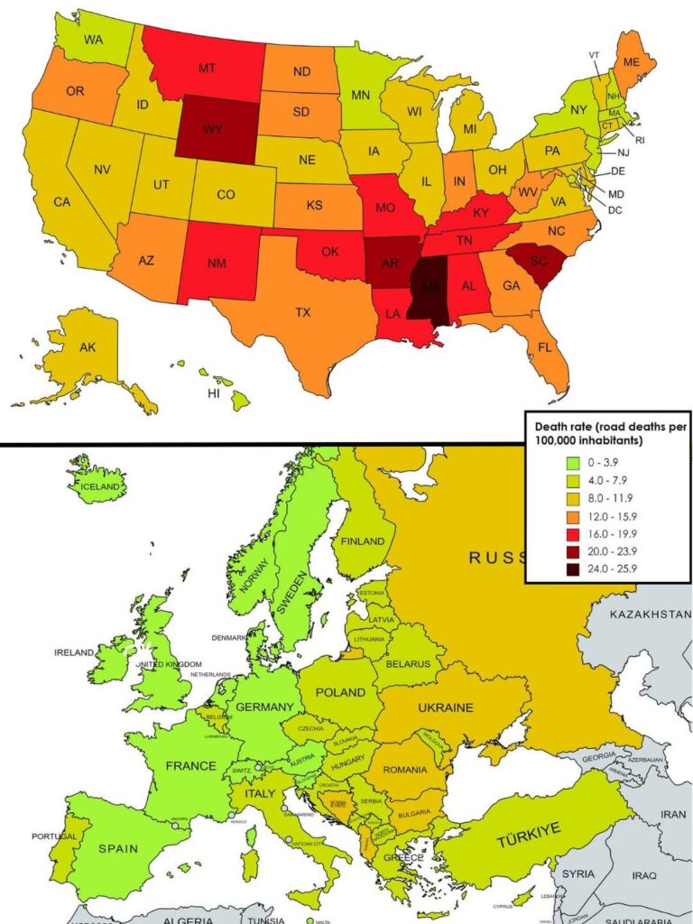 How road traffic death rates differ between the US and Europe