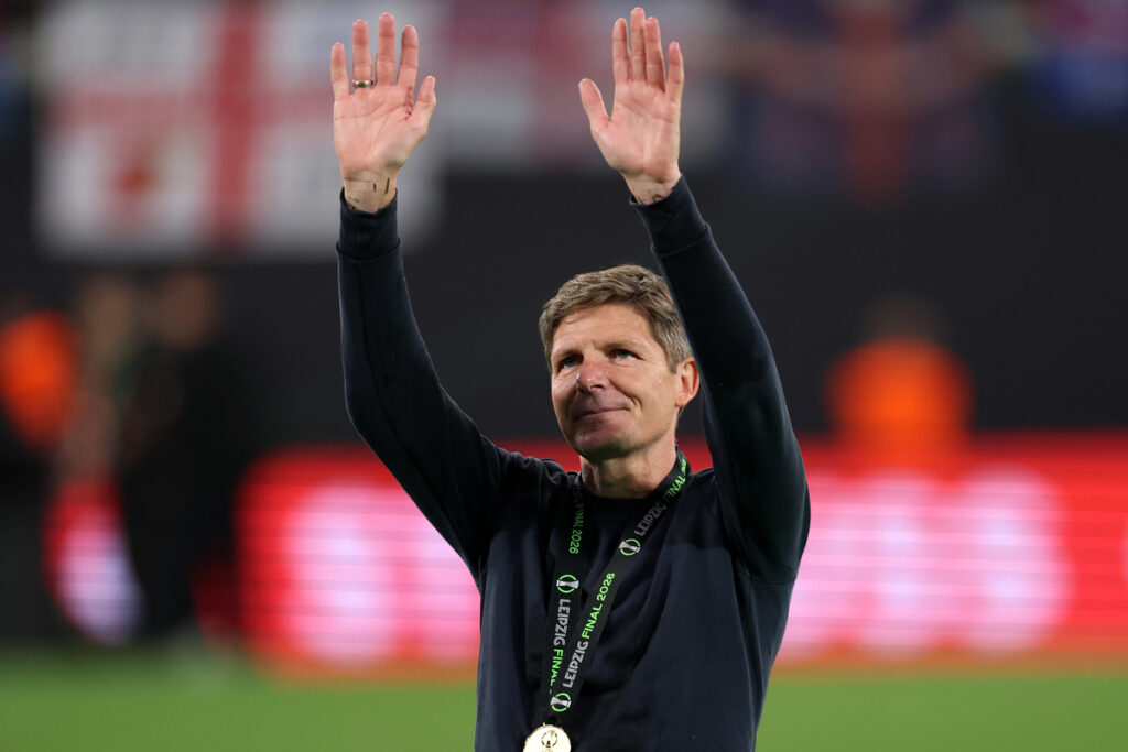 Glasner approves of Milan move but Rangnick not released by Austria yet LEIPZIG, GERMANY - MAY 27: Oliver Glasner, Manager of Crystal Palace, acknowledges the fans while wearing his winners medal following the UEFA Conference League Final 2026 match between Crystal Palace FC and Rayo Vallecano de Madrid at Football Arena Leipzig on May 27, 2026 in Leipzig, Germany. (Photo by Maja Hitij/Getty Images) (Milan links)