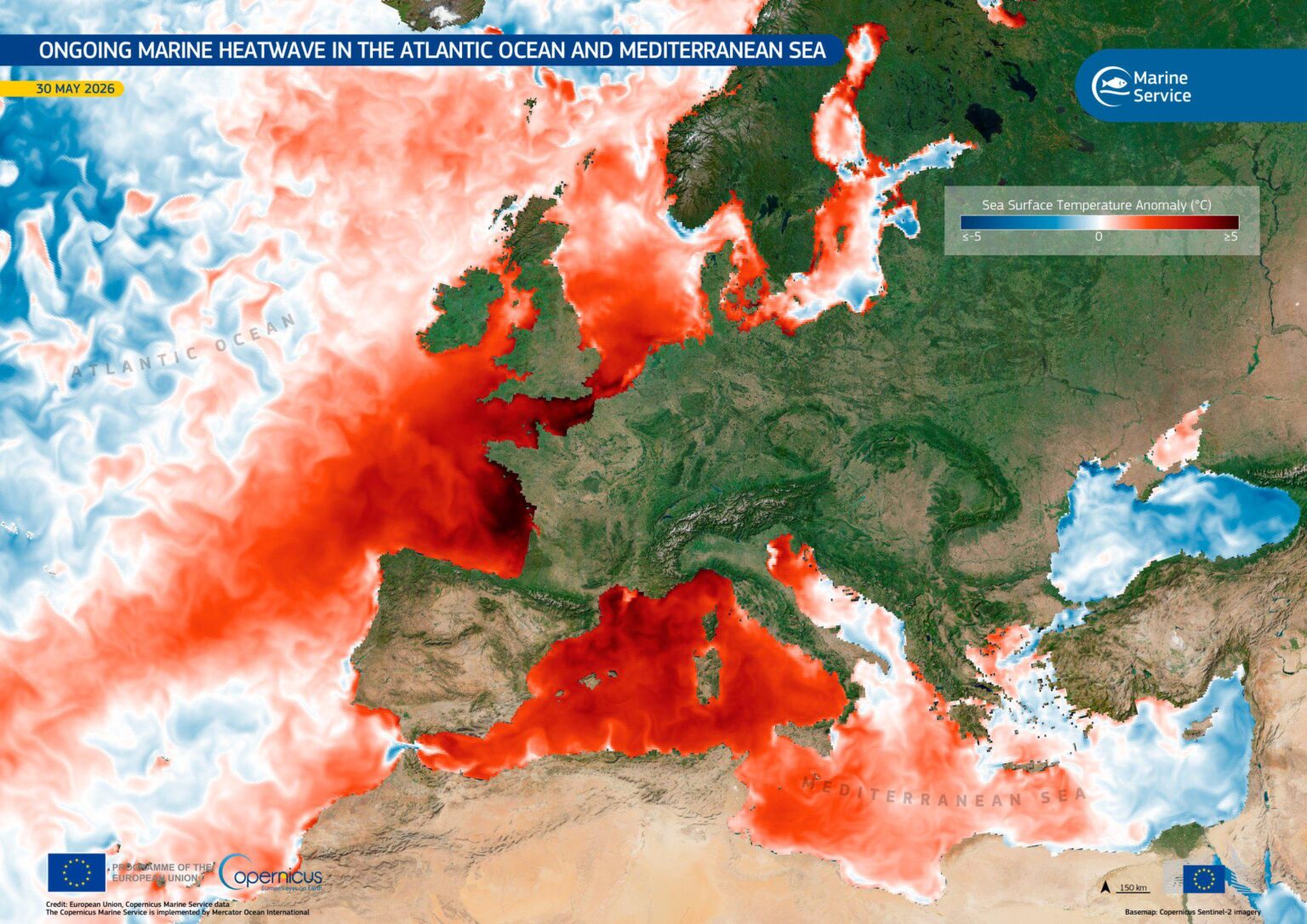 Ongoing Marine Heatwave in The Atlantic Ocean & Mediterranean Sea Around Europe.