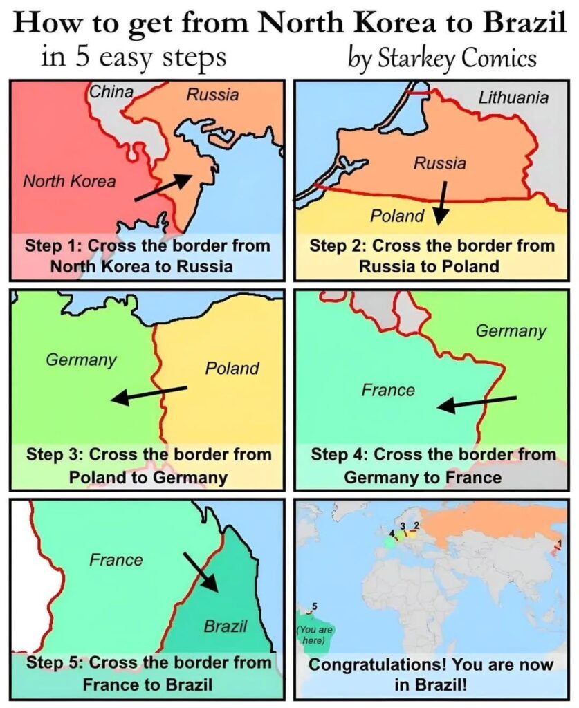 There are only 4 countries between North Korea and Brazil
