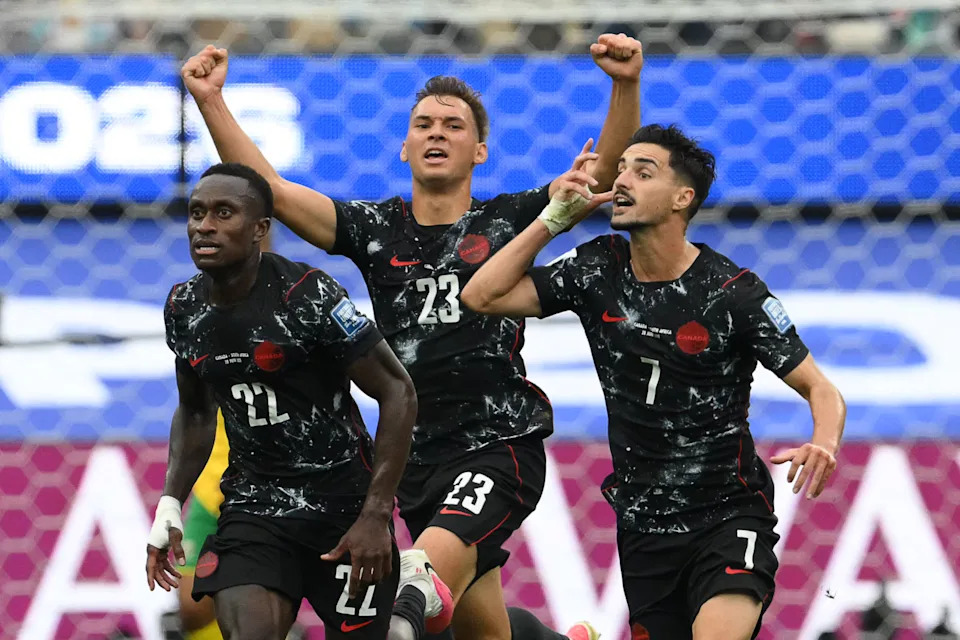 TOPSHOT - Canada's midfielder #07 Stephen Eustaquio celebrates scoring his team's first goal during the 2026 World Cup round of 32 football match between South Africa and Canada at the Los Angeles Stadium in Inglewood on June 28, 2026.  (Photo by Patrick T. Fallon / AFP via Getty Images)