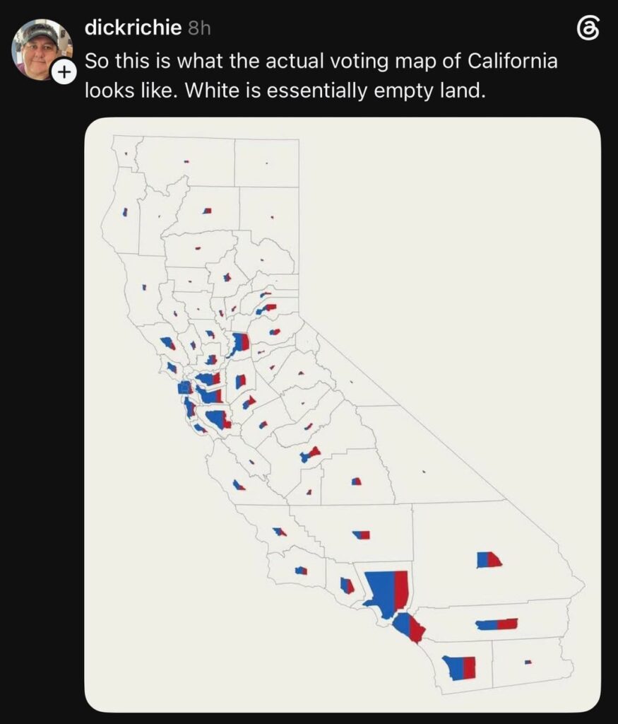 2 contrasting California voting maps. (Remember, land doesn’t vote.)
