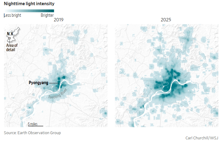 Pyongyang’s Nighttime Lights Brighten, 2019 vs. 2025