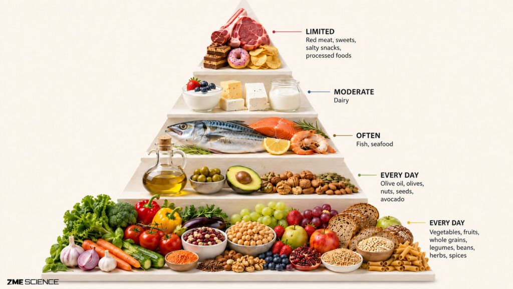 Food Pyramid showing the structure of healthy diets. It indicates low consumption of red meat and fats and high consumption of grain and fibre.