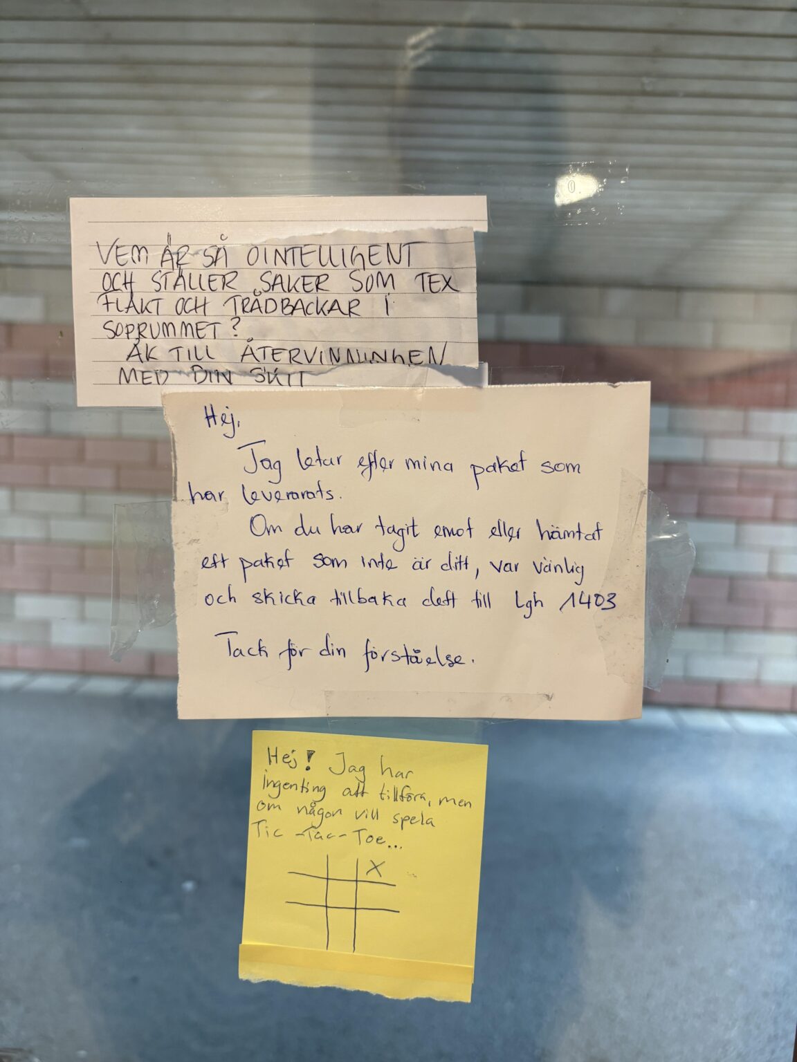 Three types of notes in the stairwell
