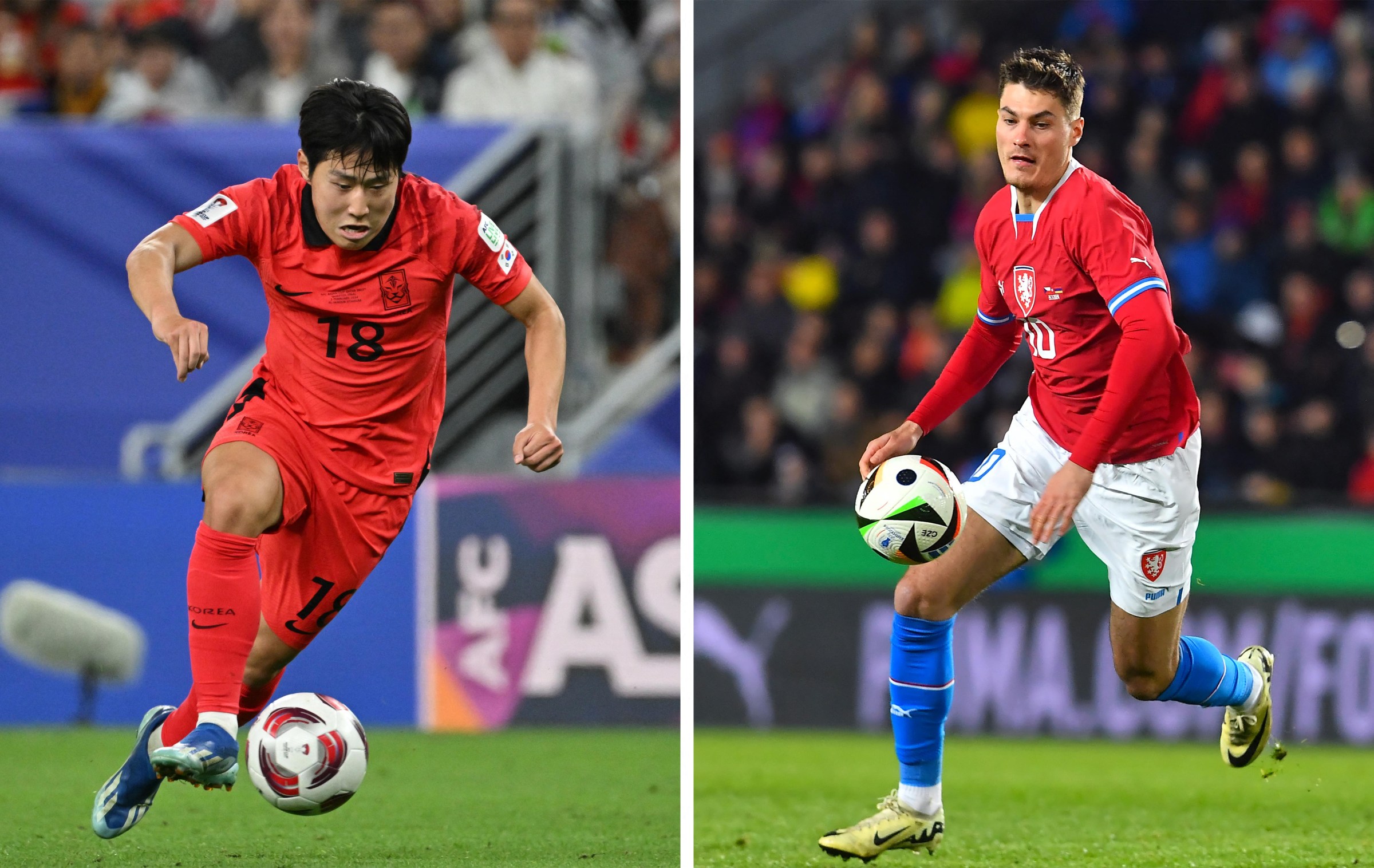 (COMBO) This combination of file photos created on June 9, 2026, shows South Korea’s midfielder #18 Lee Kang-in al-Wakrah, south of Doha, on February 2, 2024 (L); and Czech Republic’s forward #10 Patrik Schick in Prague, Czech Republic, on March 26, 2024. South Korea and the Czech Republic will meet in Guadalajara Stadium in Guadalajara on June 11, 2026, during the 2026 FIFA World Cup football tournament. (Photo by Hector RETAMAL and Michal CIZEK / AFP via Getty Images)